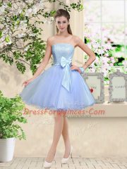 Modern Lavender A-line V-neck Sleeveless Tulle Knee Length Lace Up Lace and Belt Court Dresses for Sweet 16