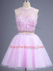 Customized Tulle Sleeveless Knee Length Quinceanera Court of Honor Dress and Beading
