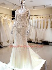 Elegant Champagne Tulle Backless Prom Party Dress Cap Sleeves Brush Train Beading
