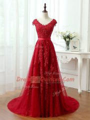 Popular Red Lace Up Dress for Prom Lace and Appliques Cap Sleeves Brush Train
