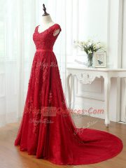 Popular Red Lace Up Dress for Prom Lace and Appliques Cap Sleeves Brush Train