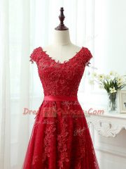 Popular Red Lace Up Dress for Prom Lace and Appliques Cap Sleeves Brush Train