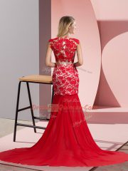 Affordable Coral Red Sleeveless Lace Zipper Homecoming Dress