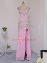 Fashionable Lilac Column/Sheath V-neck Short Sleeves Chiffon Floor Length Backless Beading Prom Dresses