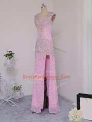 Fashionable Lilac Column/Sheath V-neck Short Sleeves Chiffon Floor Length Backless Beading Prom Dresses