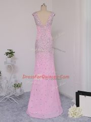 Fashionable Lilac Column/Sheath V-neck Short Sleeves Chiffon Floor Length Backless Beading Prom Dresses