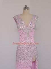 Fashionable Lilac Column/Sheath V-neck Short Sleeves Chiffon Floor Length Backless Beading Prom Dresses