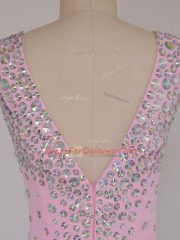 Fashionable Lilac Column/Sheath V-neck Short Sleeves Chiffon Floor Length Backless Beading Prom Dresses