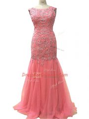 Adorable Watermelon Red Scoop Neckline Beading and Lace and Appliques Evening Dress Sleeveless Zipper