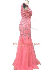 Adorable Watermelon Red Scoop Neckline Beading and Lace and Appliques Evening Dress Sleeveless Zipper