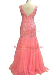 Adorable Watermelon Red Scoop Neckline Beading and Lace and Appliques Evening Dress Sleeveless Zipper