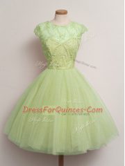 Sexy Yellow Green Lace Up Damas Dress Lace Cap Sleeves Knee Length