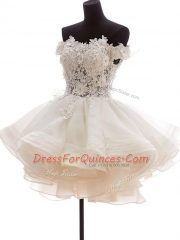 Pink Off The Shoulder Neckline Lace and Appliques and Ruffles Homecoming Dress Sleeveless Zipper