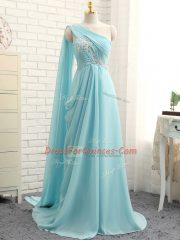 Dazzling Chiffon One Shoulder Sleeveless Brush Train Zipper Beading and Ruching Quinceanera Dama Dress in Aqua Blue