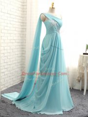 Dazzling Chiffon One Shoulder Sleeveless Brush Train Zipper Beading and Ruching Quinceanera Dama Dress in Aqua Blue