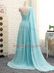 Dazzling Chiffon One Shoulder Sleeveless Brush Train Zipper Beading and Ruching Quinceanera Dama Dress in Aqua Blue