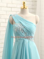 Dazzling Chiffon One Shoulder Sleeveless Brush Train Zipper Beading and Ruching Quinceanera Dama Dress in Aqua Blue