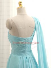 Dazzling Chiffon One Shoulder Sleeveless Brush Train Zipper Beading and Ruching Quinceanera Dama Dress in Aqua Blue