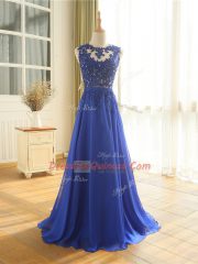 Royal Blue Chiffon Zipper Scoop Sleeveless Floor Length Prom Dress Appliques