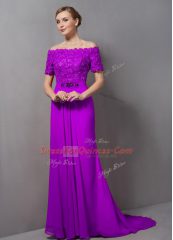 High End Purple Zipper Off The Shoulder Lace Prom Party Dress Chiffon Short Sleeves Sweep Train