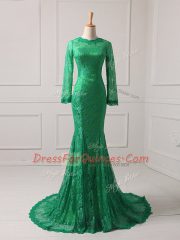 Green Mermaid Lace Scoop Long Sleeves Lace Zipper Prom Evening Gown Brush Train