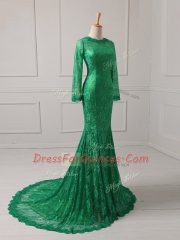 Green Mermaid Lace Scoop Long Sleeves Lace Zipper Prom Evening Gown Brush Train