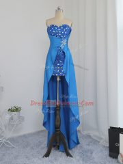 Comfortable Sweetheart Sleeveless Zipper Prom Dresses Blue Elastic Woven Satin