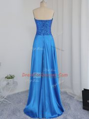 Comfortable Sweetheart Sleeveless Zipper Prom Dresses Blue Elastic Woven Satin