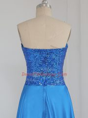 Comfortable Sweetheart Sleeveless Zipper Prom Dresses Blue Elastic Woven Satin