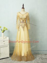 Sexy Tulle Long Sleeves Floor Length Homecoming Dress and Beading and Appliques and Belt