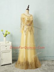Sexy Tulle Long Sleeves Floor Length Homecoming Dress and Beading and Appliques and Belt