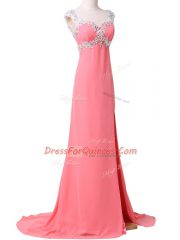 Flirting Watermelon Red Chiffon Zipper Sweetheart Cap Sleeves Prom Gown Brush Train Beading and Appliques