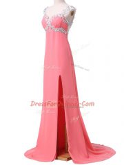 Flirting Watermelon Red Chiffon Zipper Sweetheart Cap Sleeves Prom Gown Brush Train Beading and Appliques