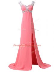 Flirting Watermelon Red Chiffon Zipper Sweetheart Cap Sleeves Prom Gown Brush Train Beading and Appliques