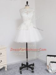 Smart Sleeveless Mini Length Beading and Lace and Appliques Zipper Evening Dress with White