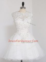 Smart Sleeveless Mini Length Beading and Lace and Appliques Zipper Evening Dress with White
