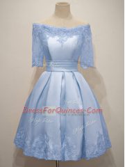 Light Blue Half Sleeves Lace Knee Length Quinceanera Court Dresses