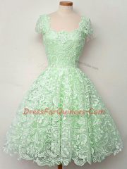 Artistic Cap Sleeves Knee Length Lace Lace Up Damas Dress with Apple Green