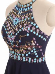 Sleeveless Chiffon High Low Side Zipper Prom Evening Gown in Black with Beading