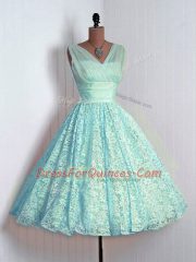 Luxurious A-line Quinceanera Court Dresses Aqua Blue V-neck Lace Sleeveless Mini Length Lace Up