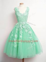 Exceptional Apple Green A-line Tulle V-neck Sleeveless Lace Knee Length Lace Up Damas Dress