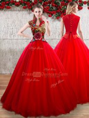 Comfortable High-neck Short Sleeves Quinceanera Dresses Floor Length Appliques Red Organza