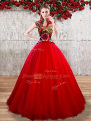Comfortable High-neck Short Sleeves Quinceanera Dresses Floor Length Appliques Red Organza