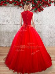Comfortable High-neck Short Sleeves Quinceanera Dresses Floor Length Appliques Red Organza