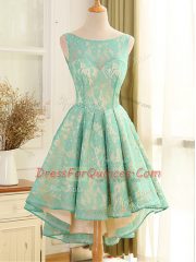 Turquoise A-line Lace and Appliques Evening Dress Backless Lace Sleeveless High Low