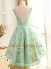 Turquoise A-line Lace and Appliques Evening Dress Backless Lace Sleeveless High Low