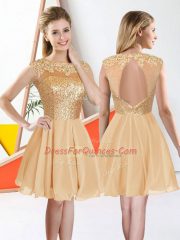 Delicate Knee Length Champagne Quinceanera Court of Honor Dress Chiffon Sleeveless Beading and Lace