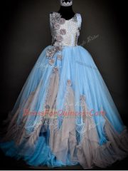 Classical Light Blue Sleeveless Floor Length Sequins and Hand Made Flower Backless Little Girl Pageant Gowns