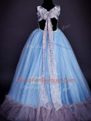 Classical Light Blue Sleeveless Floor Length Sequins and Hand Made Flower Backless Little Girl Pageant Gowns