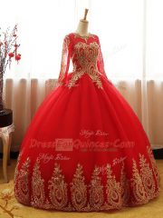 Red Ball Gowns Organza Scoop Long Sleeves Appliques Floor Length Lace Up Sweet 16 Dress